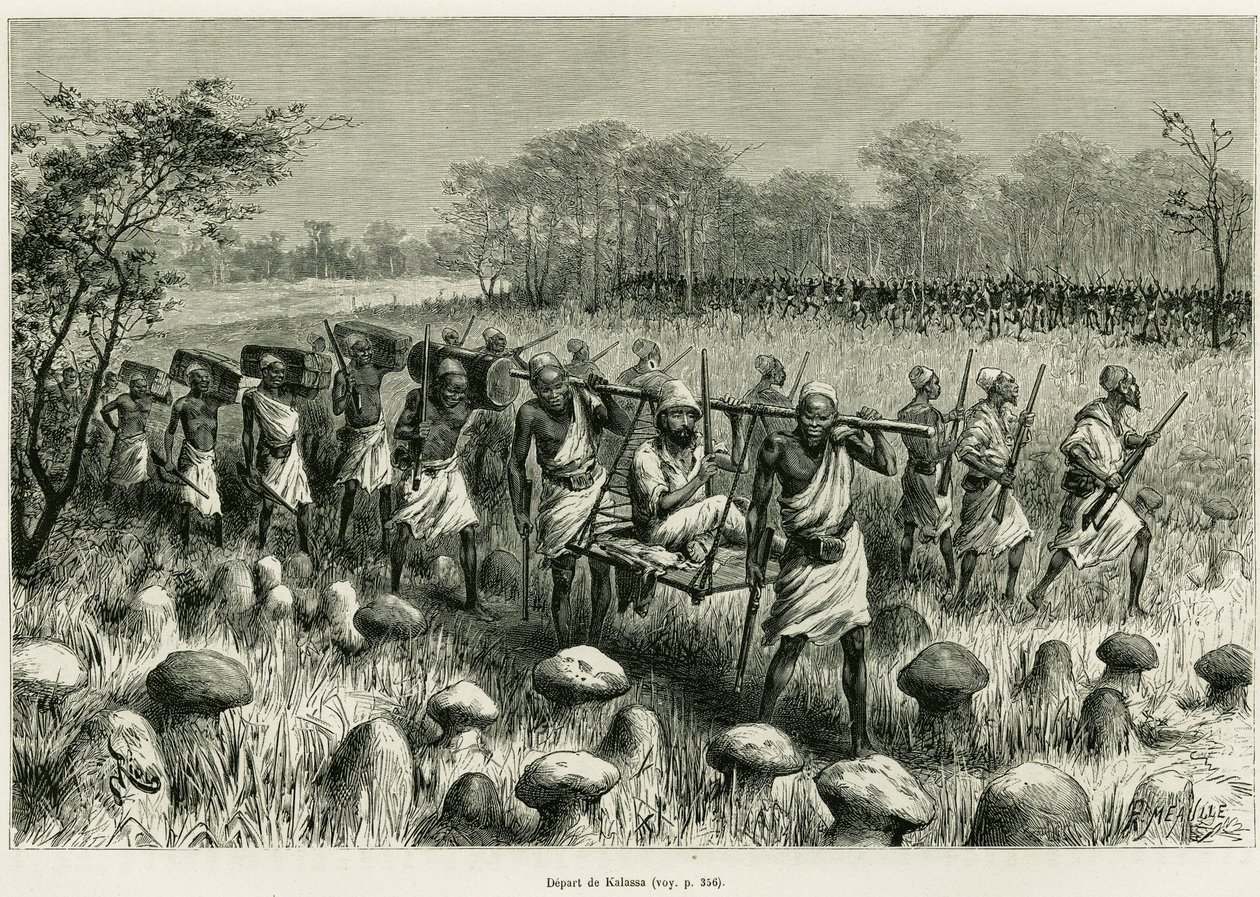 Vertrokken uit Kalassa, de verteller reiziger in zijn stoel met dragers. Gravure door Riou ter illustratie van het verhaal Les lacs de l