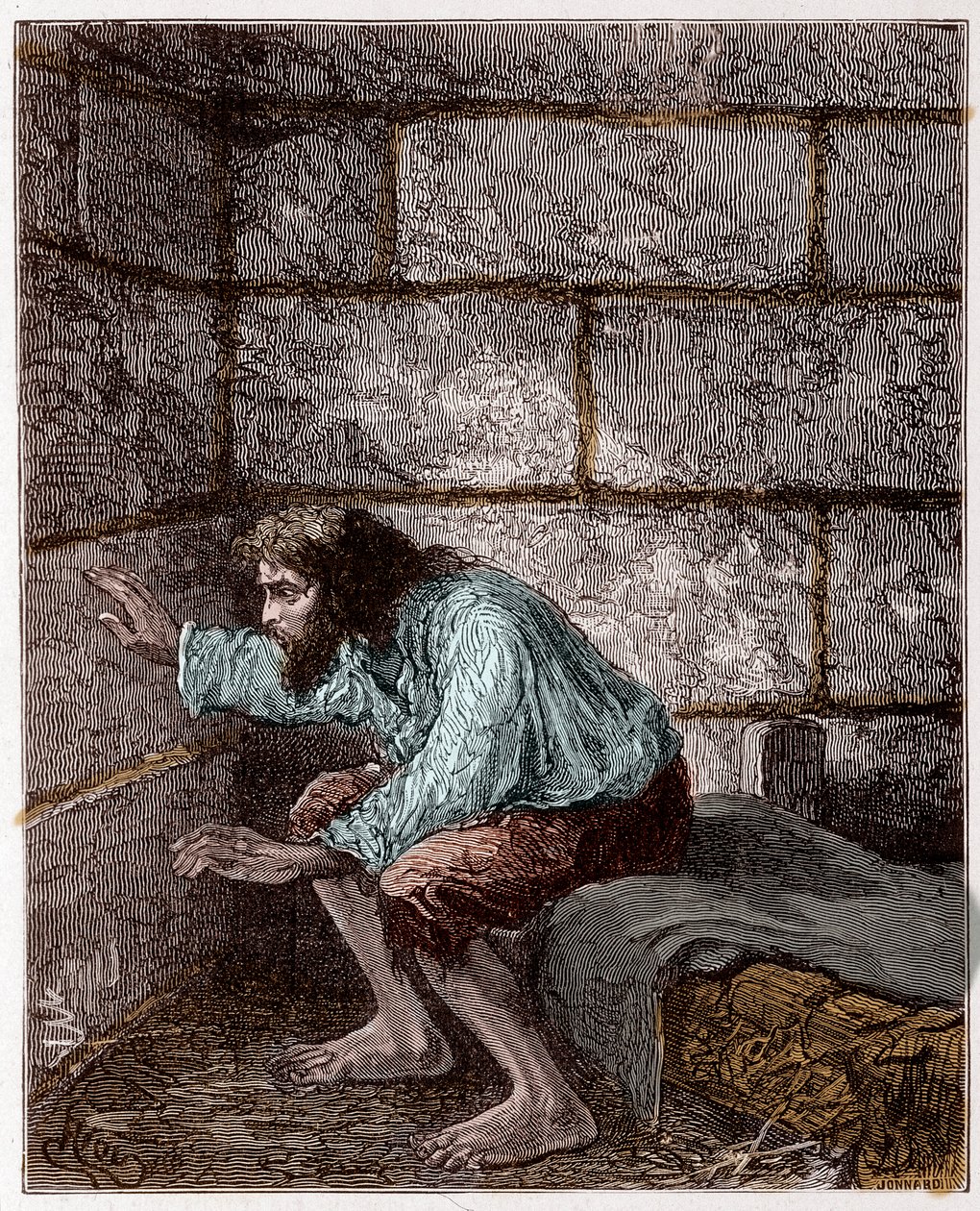 Edmond Dantes, alias de Graaf van Monte Cristo in zijn gevangenis - Gravure door Riou, in "De Graaf van Monte-Cristo" door Alexandre Dumas door Edouard Riou