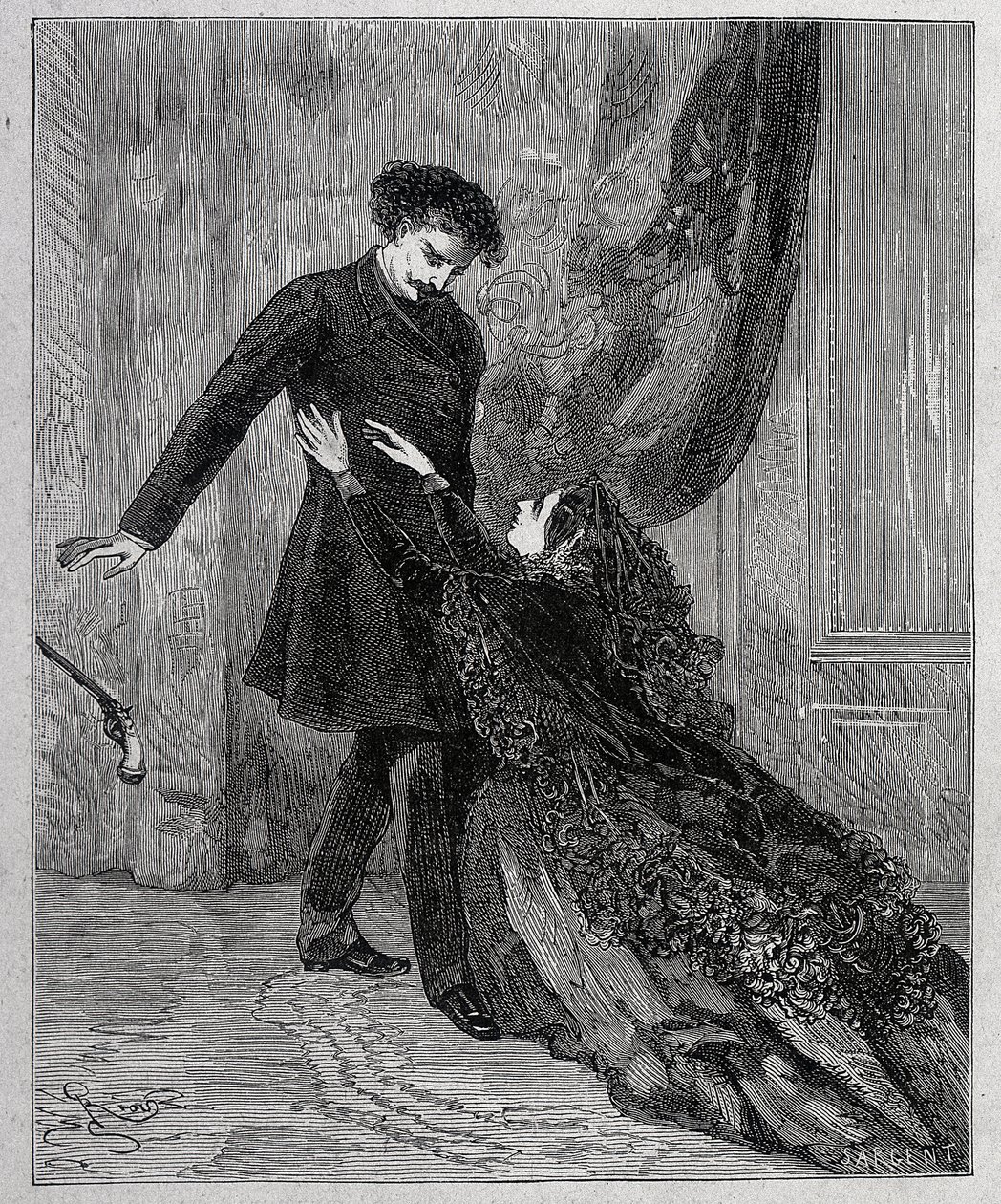 Edmond Dantes en Mercedes - Gravure door Riou, in 