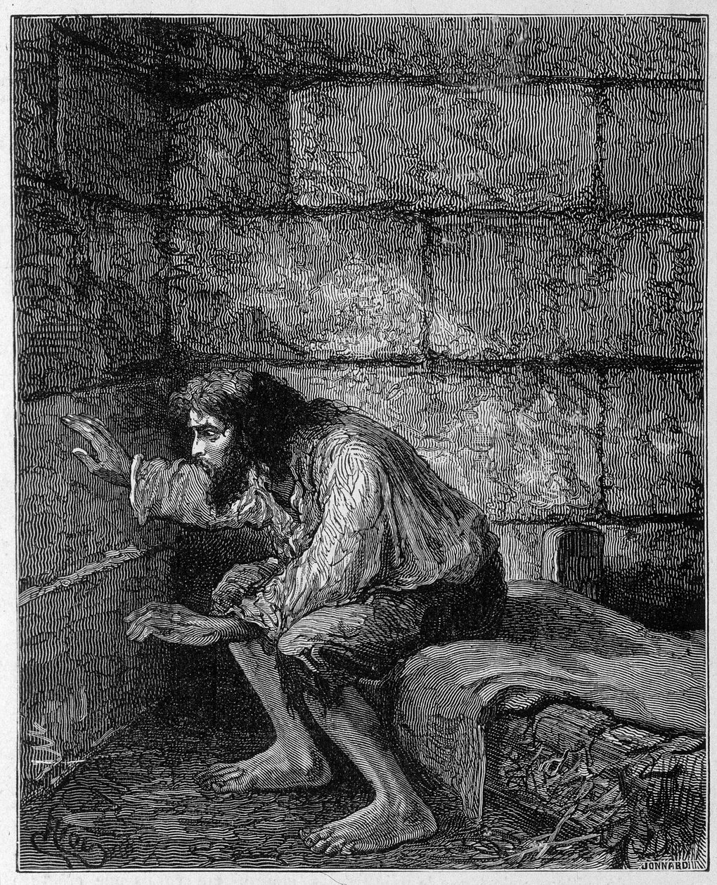 Edmond Dantès, de Graaf van Monte Cristo in zijn gevangenis - Gravure door Riou, in "La Comte de Monte-Cristo" door Alexandre Dumas, Rouff & Cie door Edouard Riou