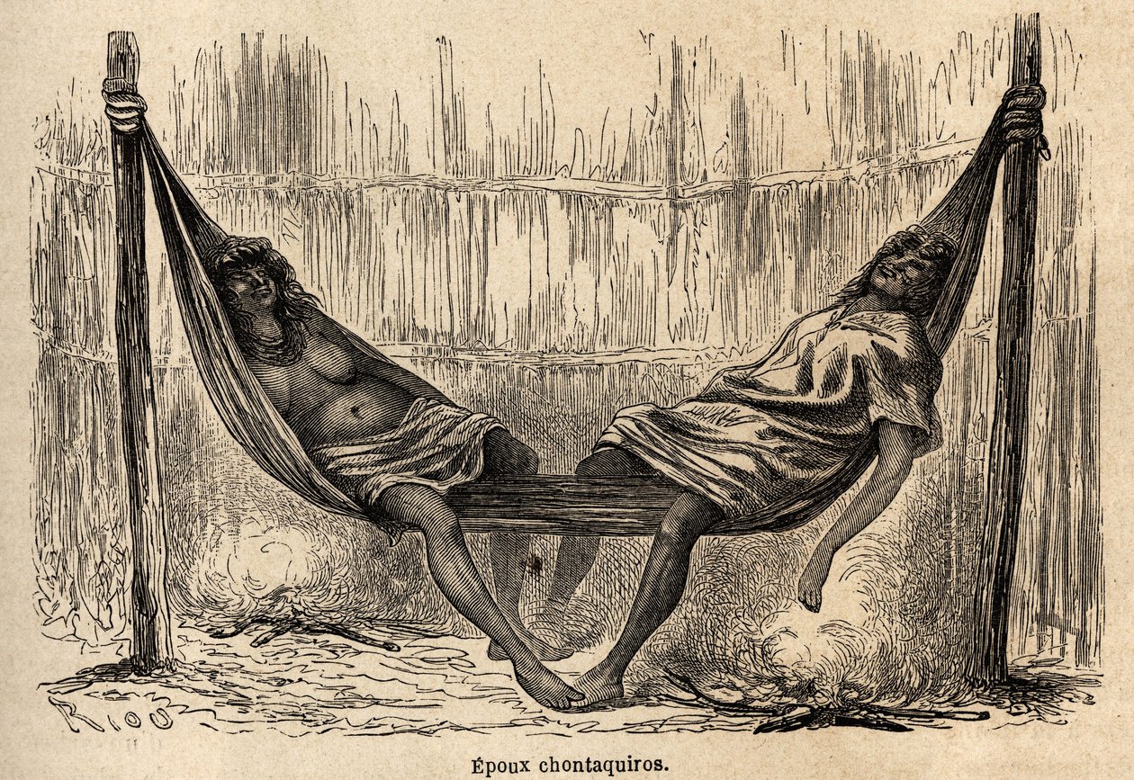 Indiase echtgenoten Chontaquiros uit Peru slapen in hun bruids hangmat door Edouard Riou