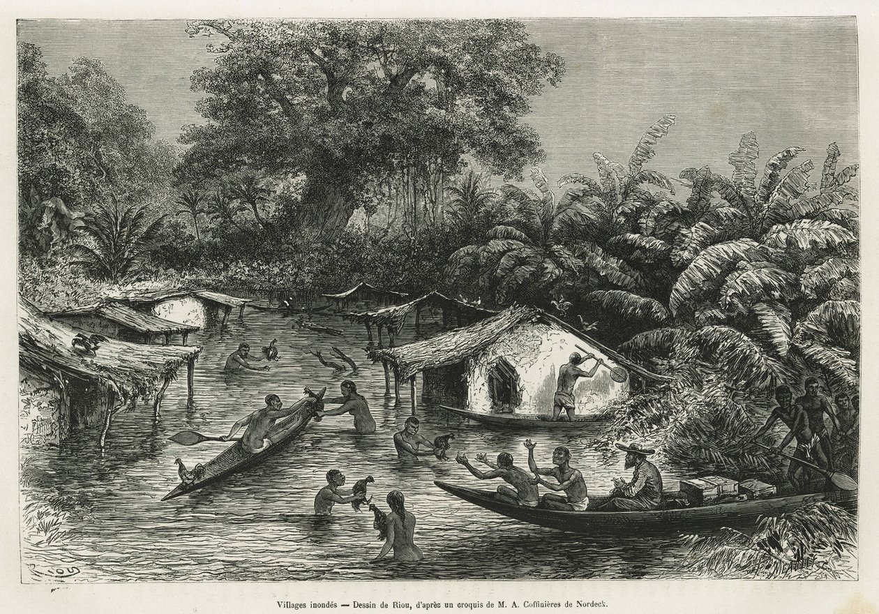 Overstroomde dorpen, tekening door Riou, ter illustratie van het verhaal van een reis naar Gabon en de Ogoue-rivier in 1875-1877, door Alfred Marche. Gravure in 