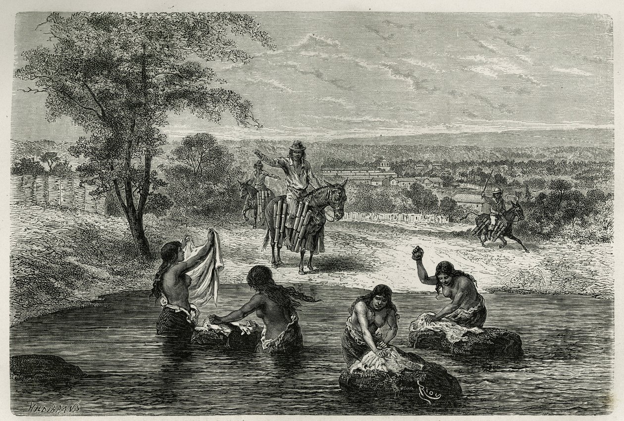 De waterdragers en wasvrouwen van Cartago (Colombia), gravure door Riou, ter illustratie van het verhaal van Amerika Equinoxiale door E.Andre, een missie belast door de Franse regering, gepubliceerd in 