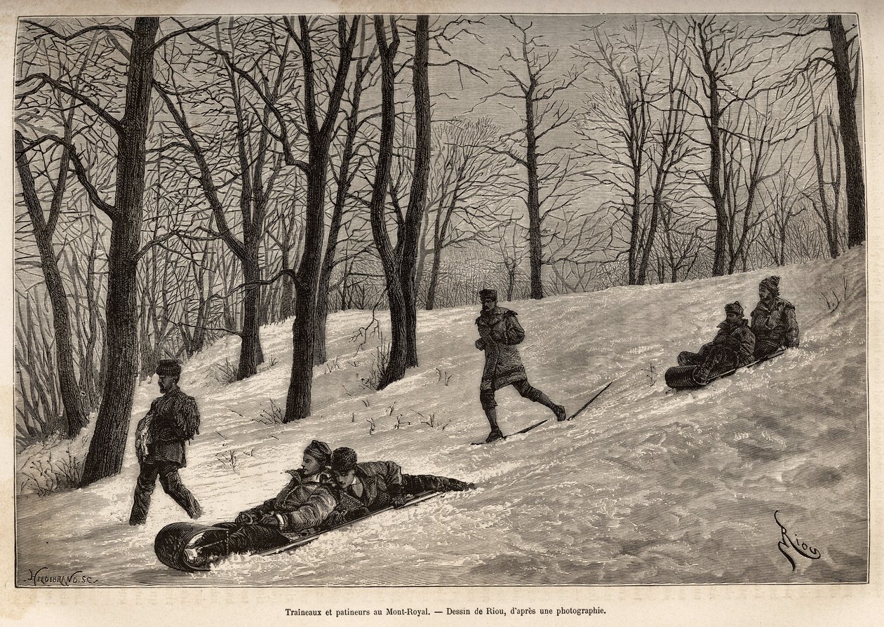 Sleeën en schaatsers op het plateau van Mont-Royal, nabij Montreal, gravure naar een tekening van Riou, ter illustratie van de excursie naar Canada en de Riviere Rouge du nord, door H. De Lamotte, 1873, gepubliceerd in 