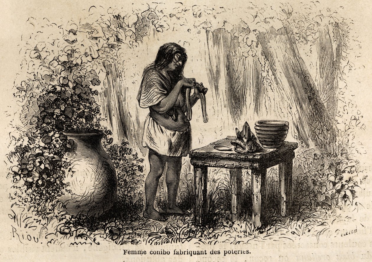 Pottenbakken door een Conibo-indiaan uit Peru, tekening door Riou om de reis van 1848 tot 1860 van P. Marcoy te illustreren. Gravure in 