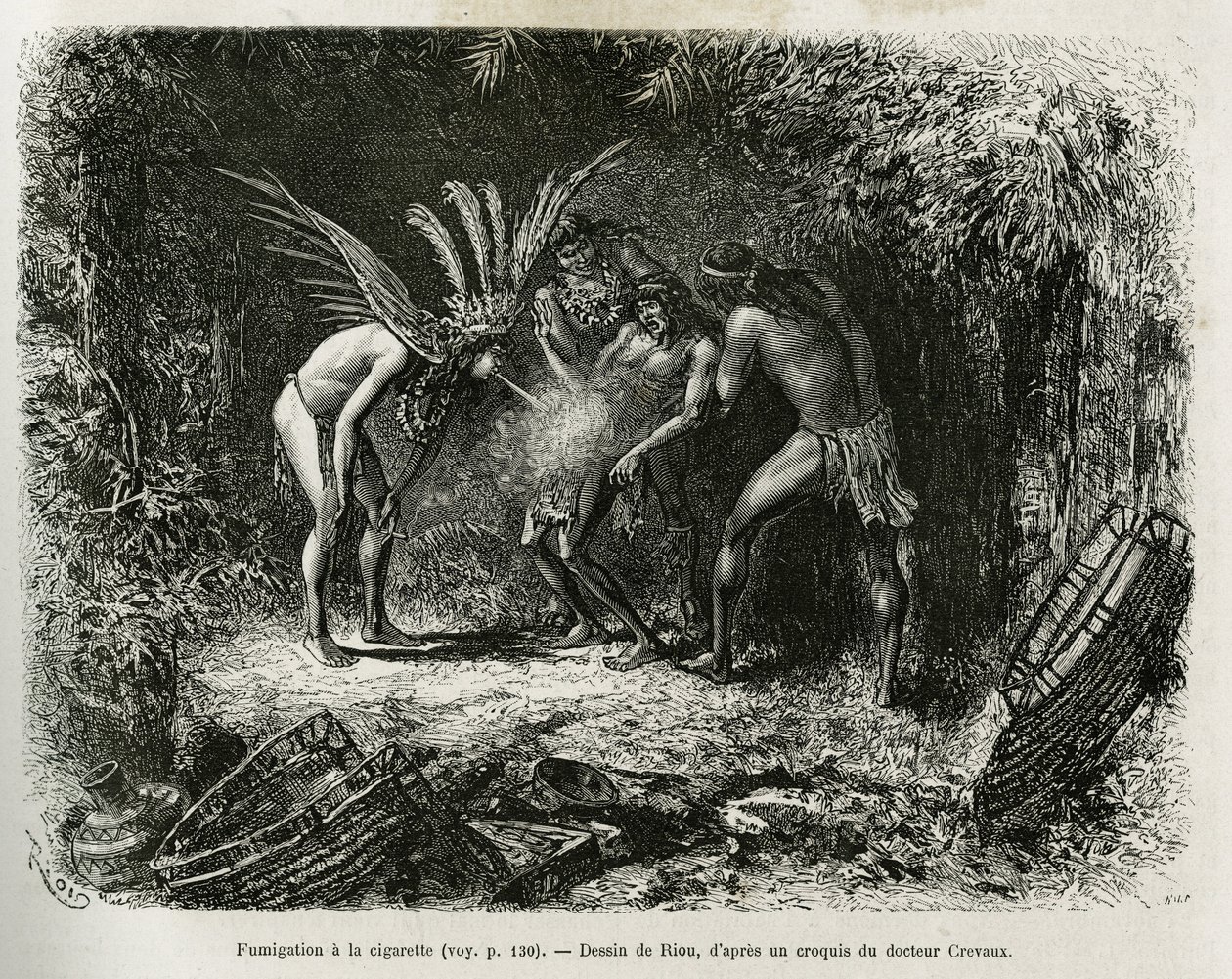 Medische fumigatie met sigaretten bij de Roucouyan-indianen. Gravure door Riou, ter illustratie van het verhaal van Cayenne aux Andes, door Jules Crevaux, arts van de Franse marine, in 1878-1879, gepubliceerd in 