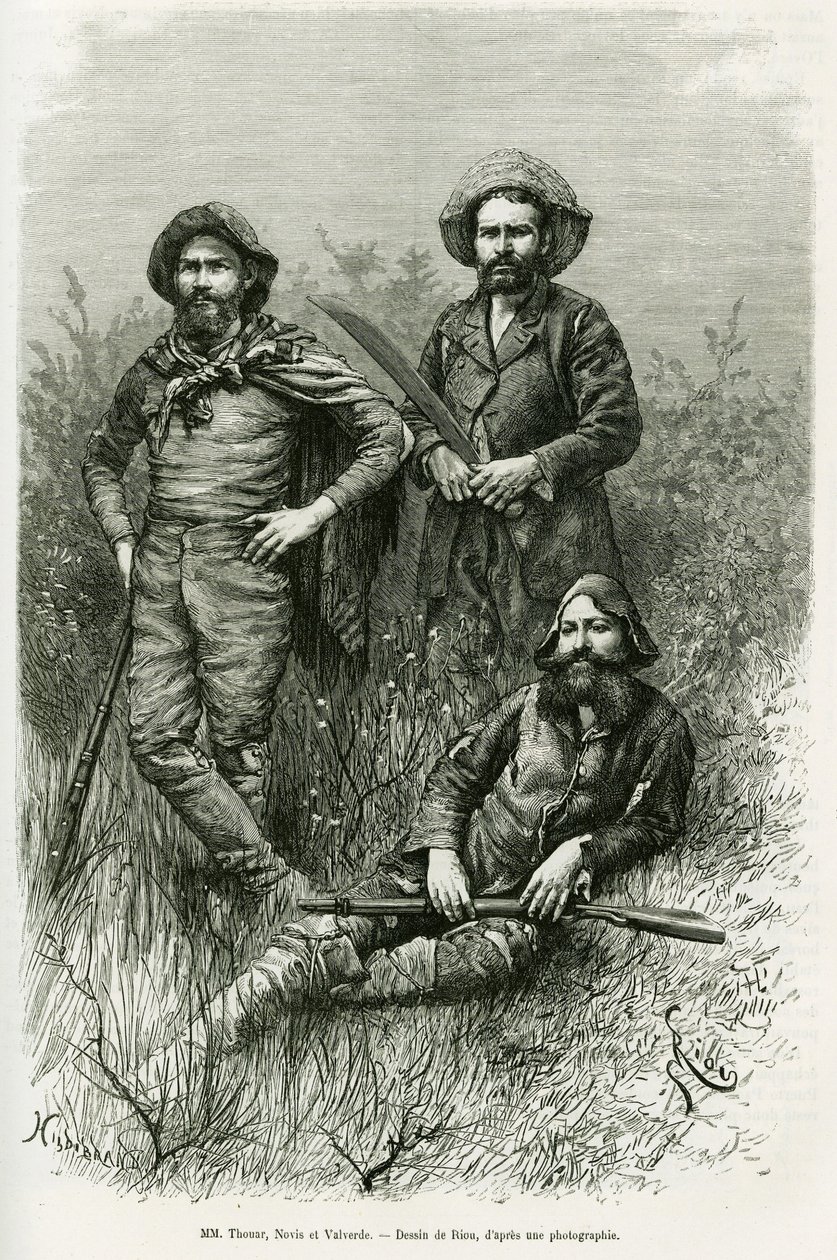 Leden van de expeditie: Mr. Thouar, Mr. Novis en Mr. Valverde. Gravure door Riou, ter illustratie van het verhaal Voyage dans le Chaco Boreal door Edouard Riou