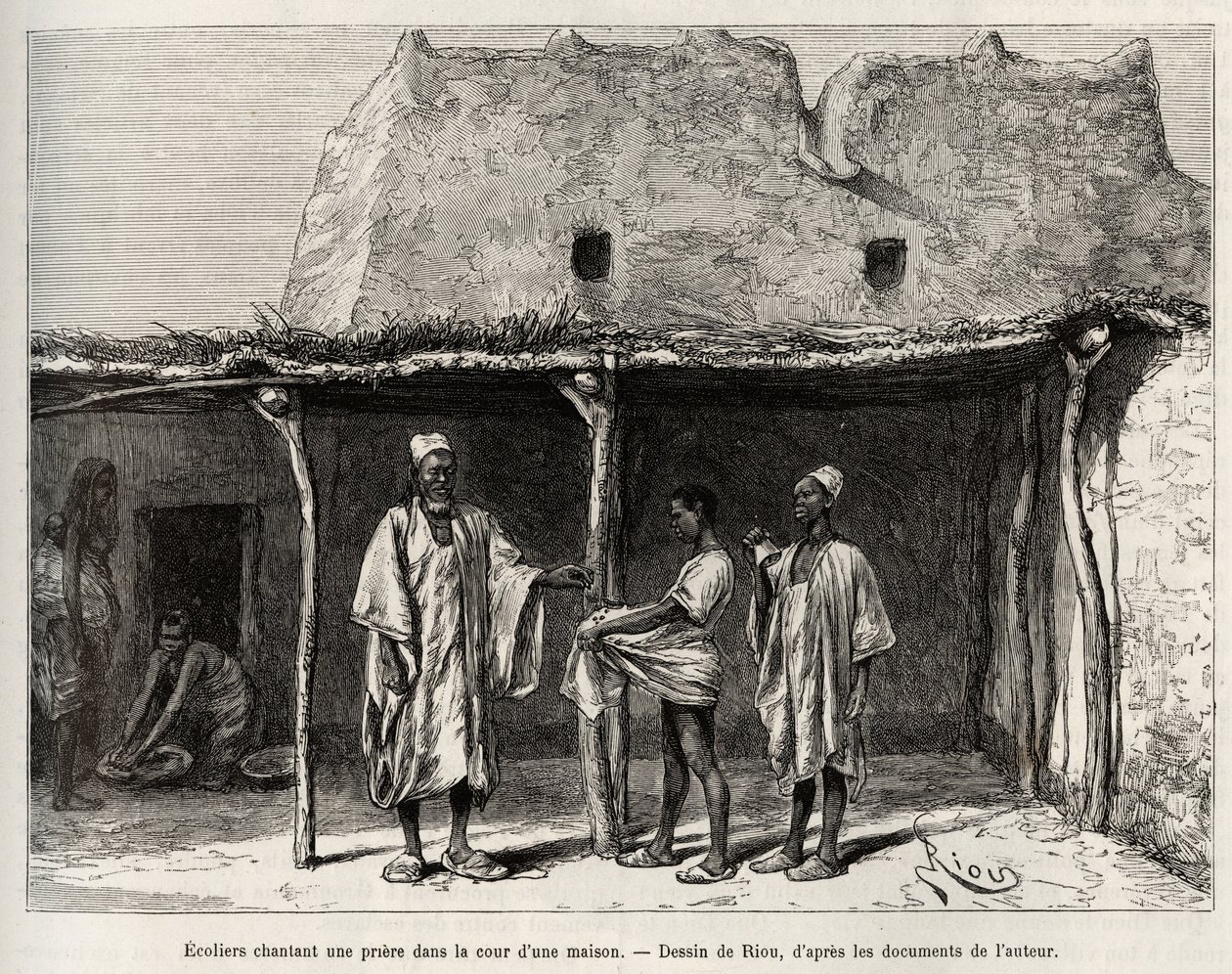 Moslimschoolkinderen zingen een gebed op de binnenplaats van een huis, beoefend in het land van Kong (Niger), de schoolkinderen ontvangen een handvol kaurischelpen, die ze aan hun leraar overhandigen en die overeenkomt met een soort belasting voor openbaar door Edouard Riou