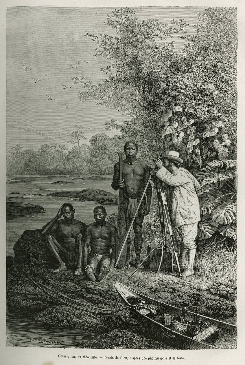 Observatie met theodoliet, Dr. Crevaux met zijn meetinstrumenten en zijn team van gidsen en dragers, in volle werksessie, gravure naar een tekening van Riou, ter illustratie van het verhaal De Cayenne aux Andes, door Jules Crevaux, arts van de Franse marin door Edouard Riou