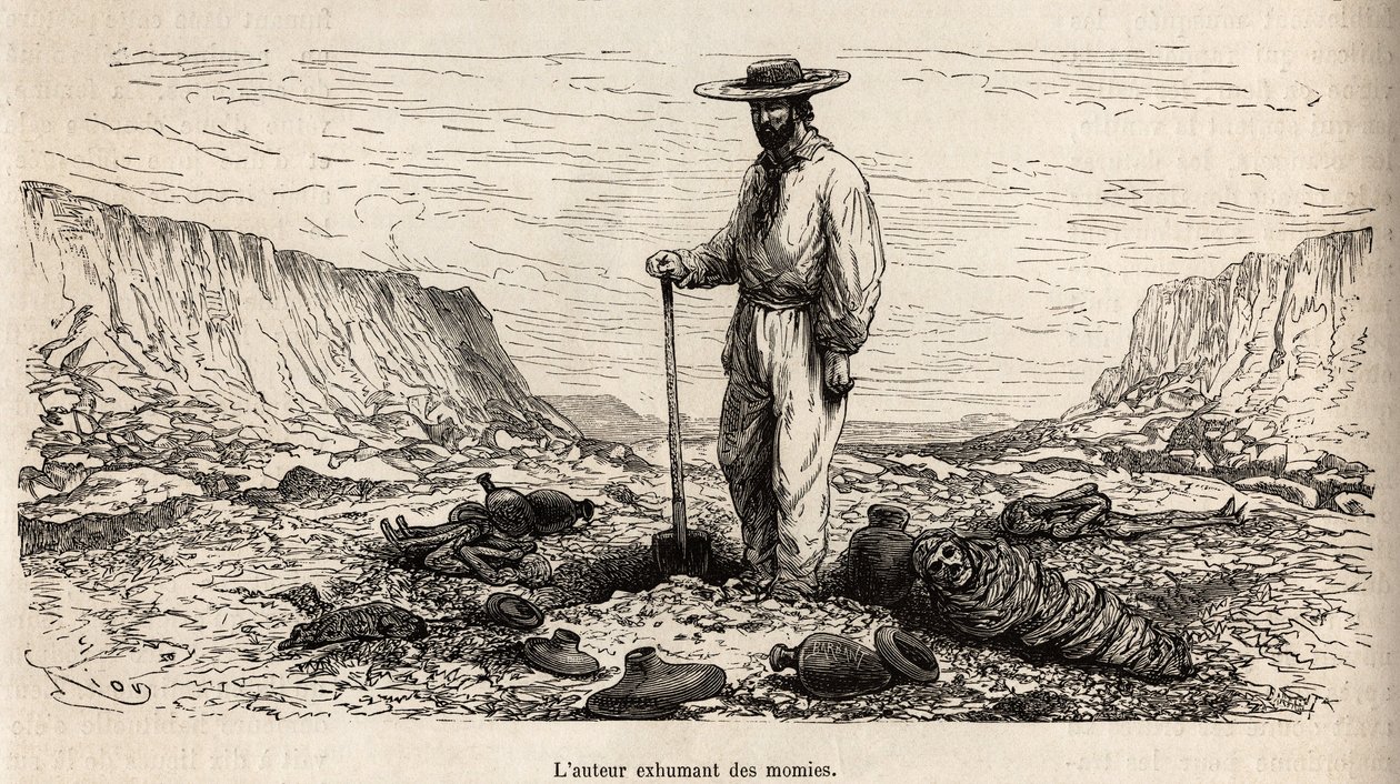 Paul Marcoy graaft Inca-mummies op (Laag Peru), gravure door E.Riou ter illustratie van de reis in de bergen, de vallei van Huarancalqui en de regio