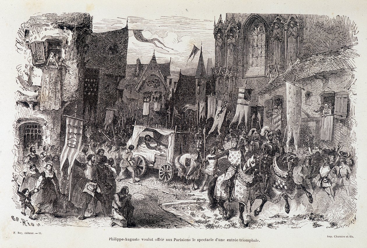 Filips August wilde de Parijzenaars het spektakel van een triomfantelijk vertrek bieden. sd. 12e eeuw door Edouard Riou