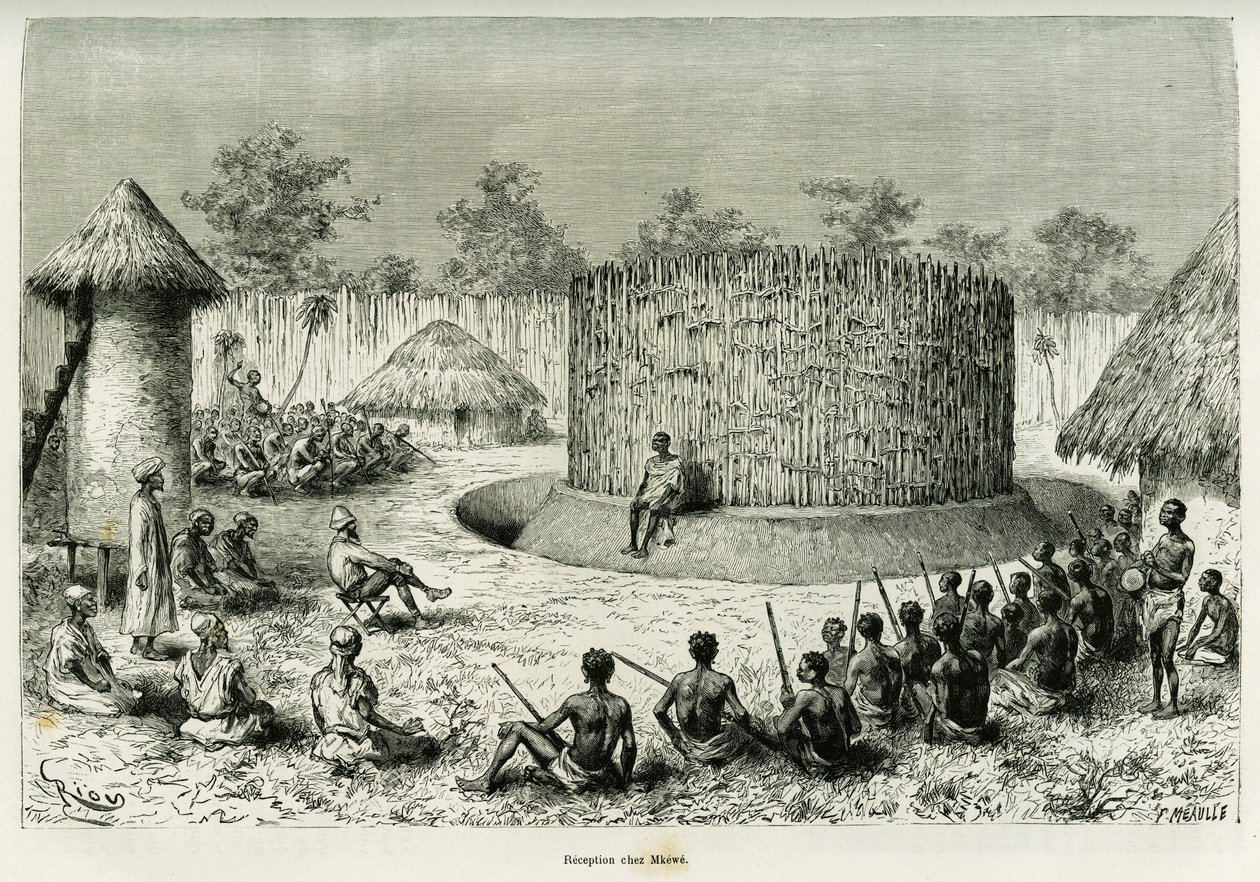 Ontvangst bij Mkwewe, stamhoofd, met de verteller. Gravure door Riou ter illustratie van het verhaal 