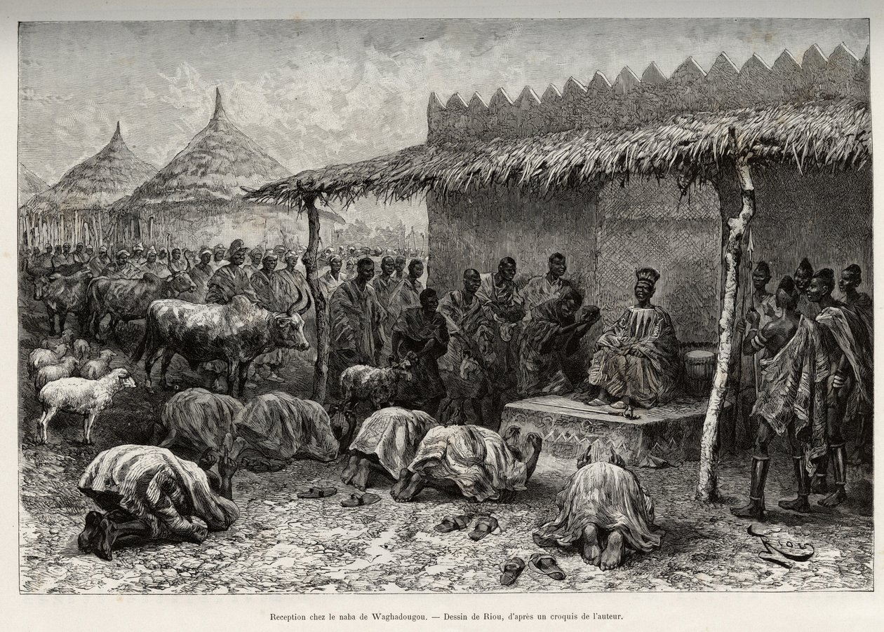 Ontvangst bij de naba Sanem, van het Mossi-koninkrijk (of Mosse) van Waghadougou (Ouagadougou, Burkina Faso). Gravure door Riou, ter illustratie van het verhaal 
