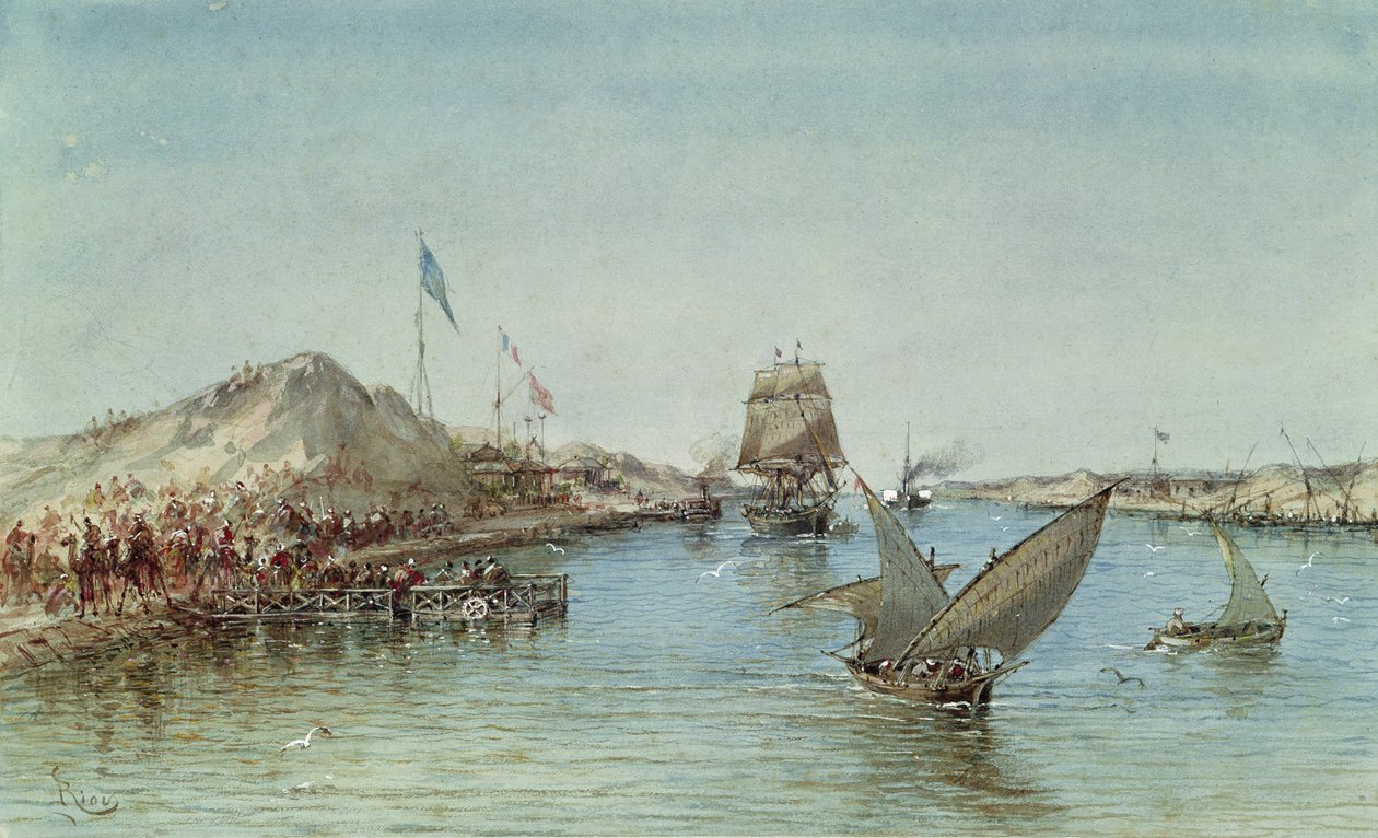Scheepvaart op het Suezkanaal, uit een souveniralbum ter herdenking van de reis van keizerin Eugenie bij de inauguratie in 1869 door Edouard Riou