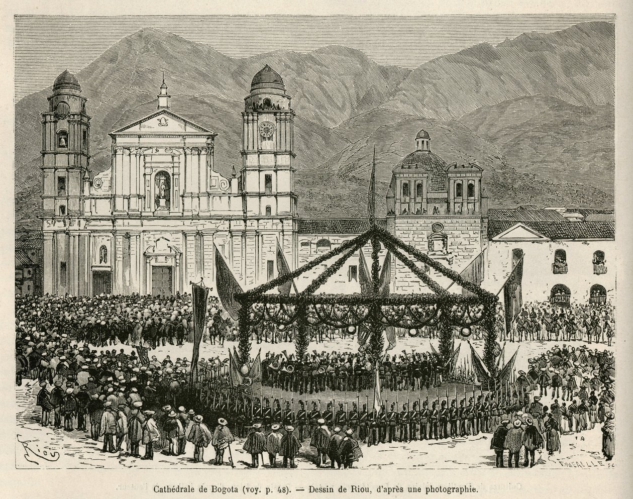 De kathedraal van Bogotá, op het Bolívarplein (Colombia), tijdens de jaarlijkse viering van de Onafhankelijkheid (18 december), voor deze gelegenheid werd een tijdelijk kiosk opgezet om het orkest te huisvesten, tekening door E. Riou, ter illustratie van d door Edouard Riou