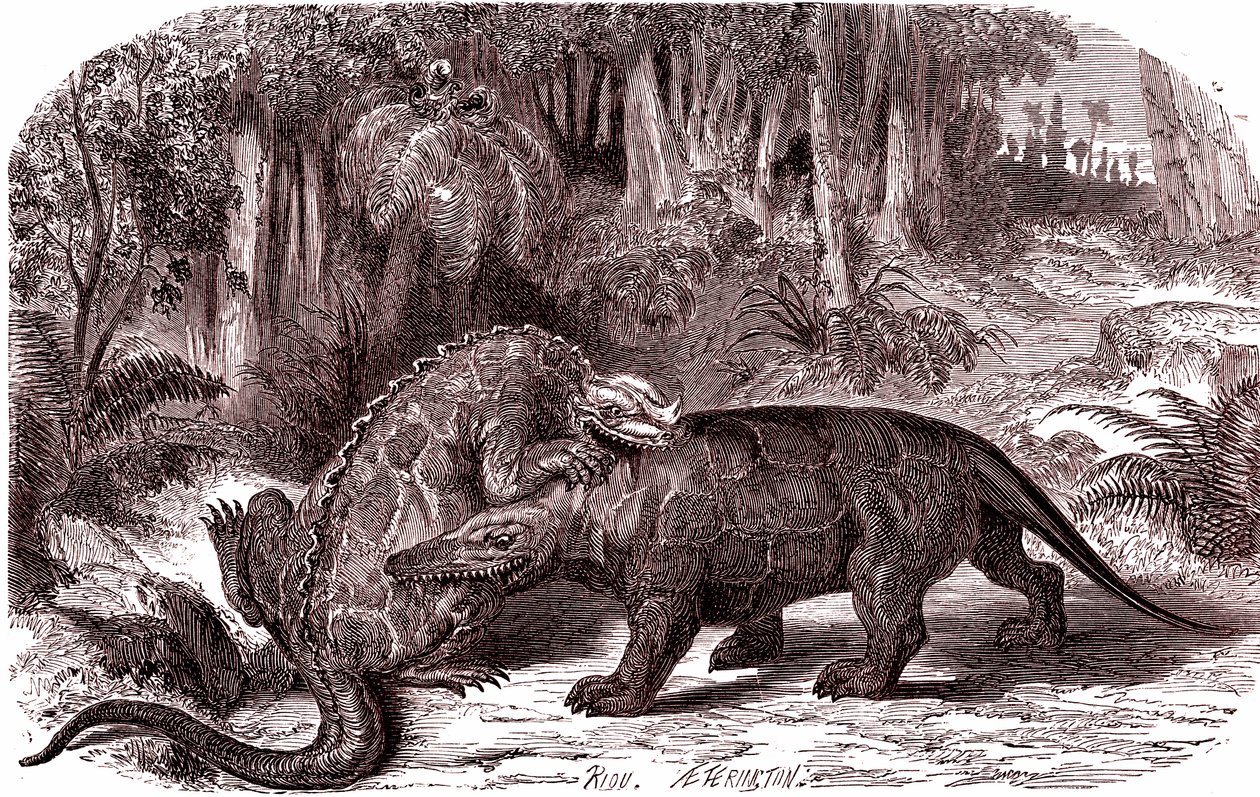 De Iguanodon en de Megalosaurus (gravure door Edouard Riou