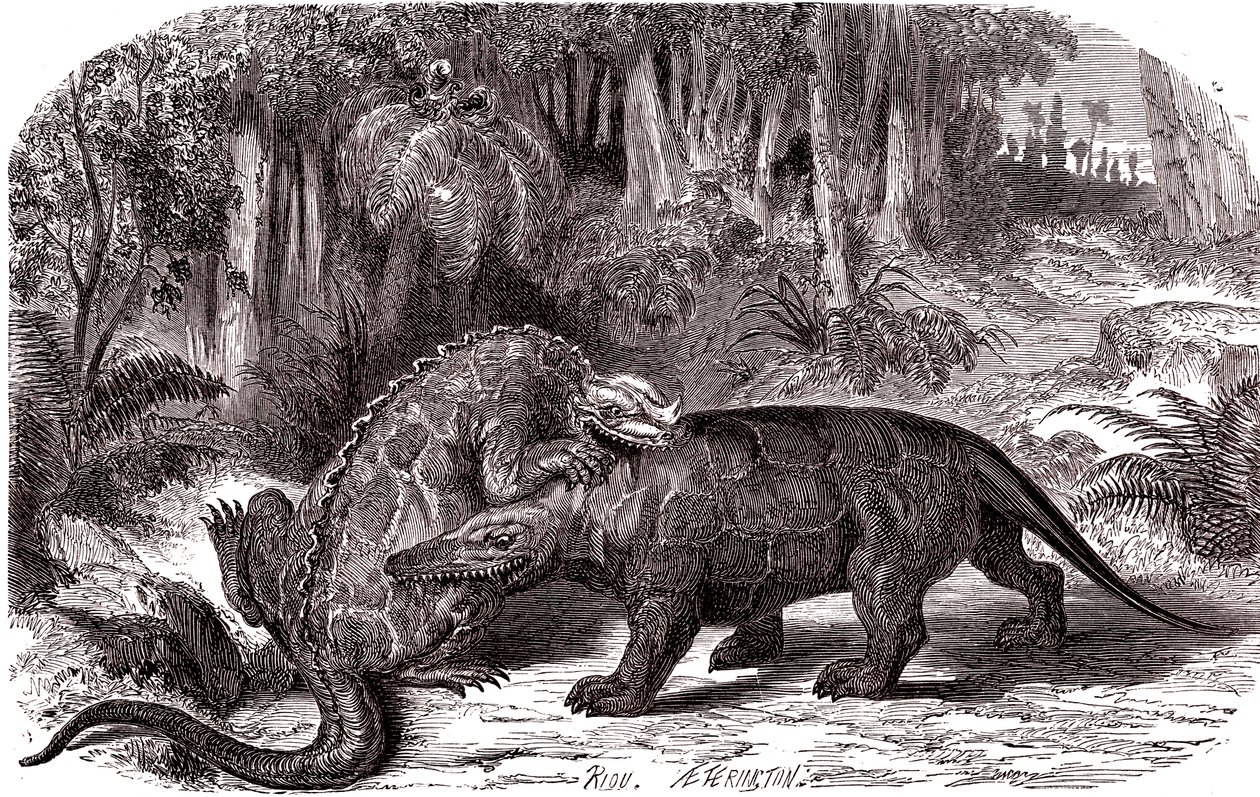 De Iguanodon en de Megalosaurus door Edouard Riou
