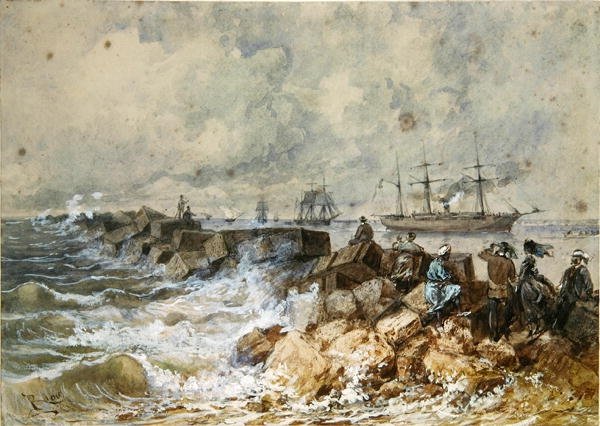 Het Suezkanaal, uit een souveniralbum ter herdenking van de Reis van Keizerin Eugenie (1827-1920) bij de Inhuldiging in 1869 door Edouard Riou