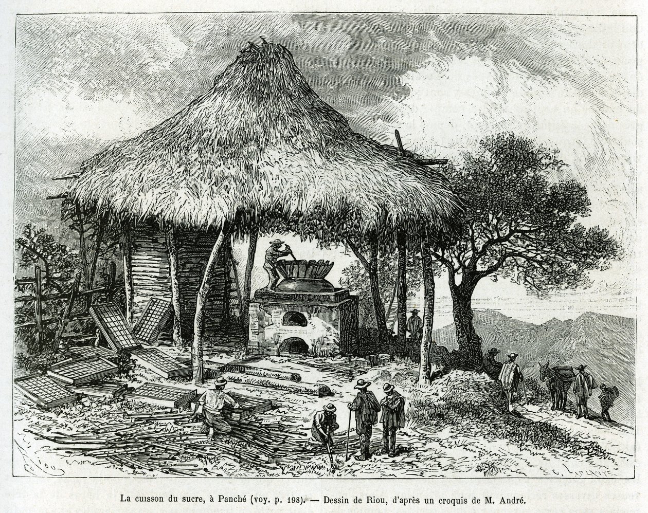 De suikerbakoven, in Panche (Colombia), illustratie van het verhaal van Equinoxiale Amerika (Colombia, Ecuador, Peru), in 1875-1876, door Ed. Andre, reiziger missie belast door de Franse regering. Gravure in Le tour du monde door Edouard Riou