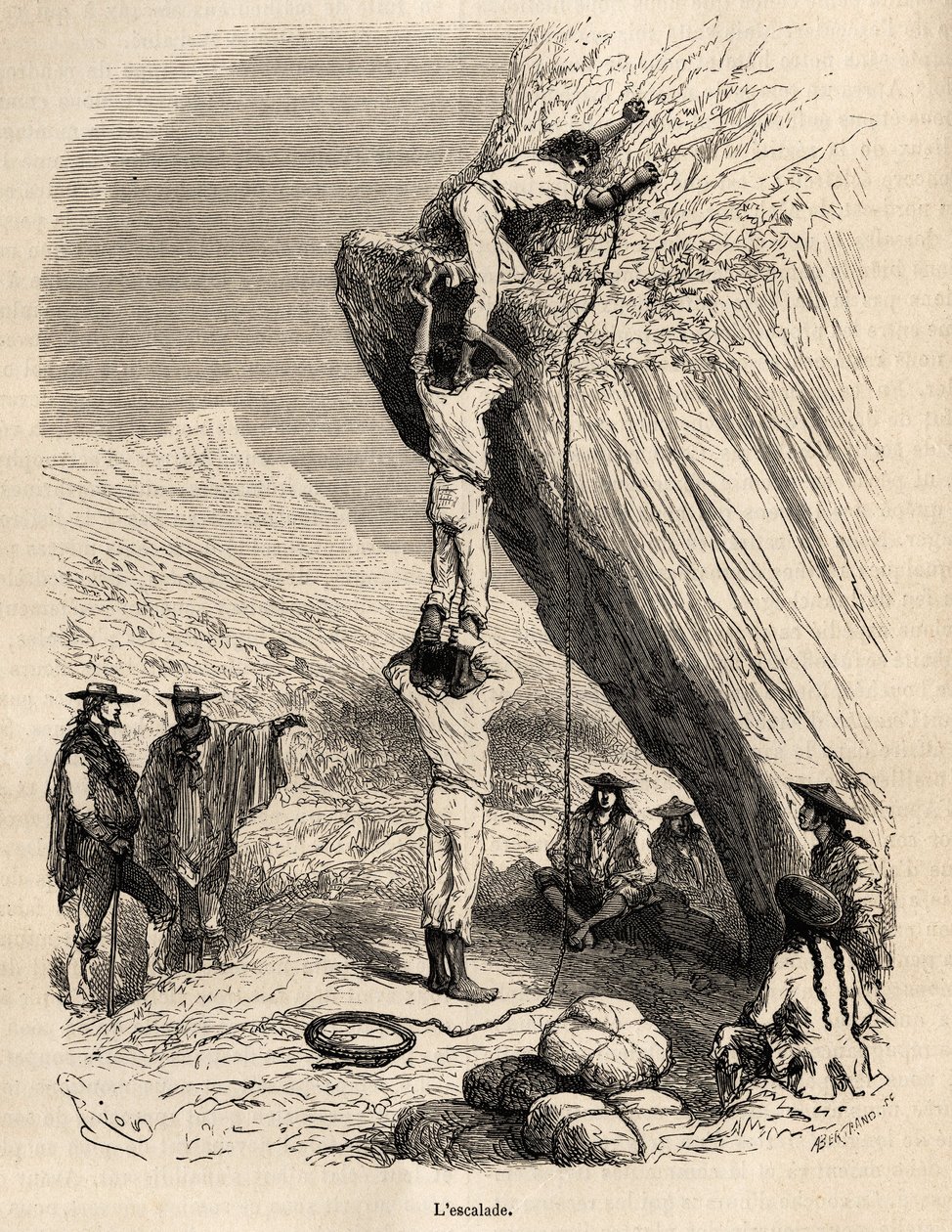 De beklimming van de toppen van de Andes door de Marcoy-expeditie vereist de meest acrobatische middelen: hier, om een rotsachtige piek te beklimmen, klimmen de Indianen op elkaars schouders om de top te bereiken, gravure door E.Riou ter illustratie van de door Edouard Riou