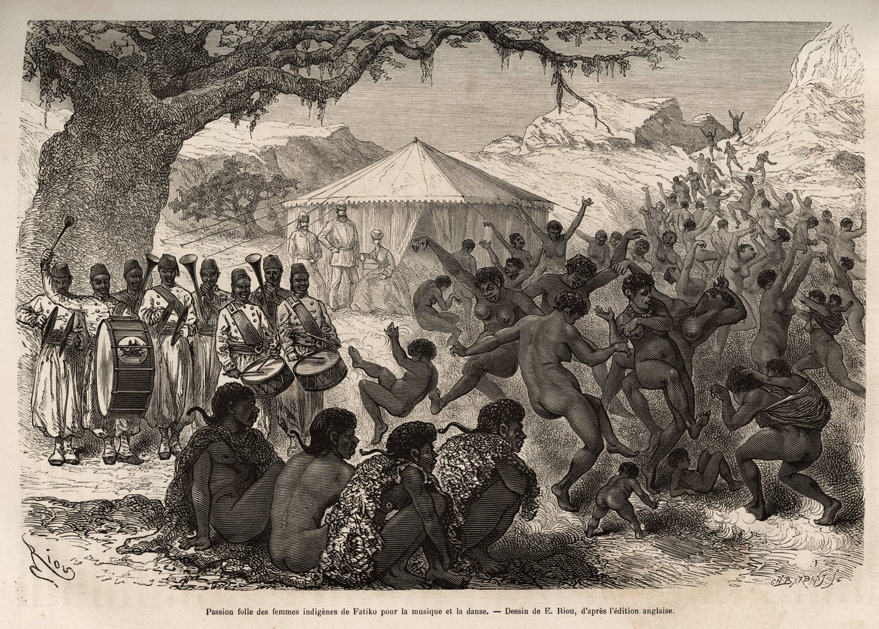 De band van de expeditie trekt de vrouwen en kinderen van het dorp Fatiko (Centraal-Afrikaanse Republiek) aan en veroorzaakt een gepassioneerd verlies van dans, gegraveerd naar een tekening van E. Riou ter illustratie van een expeditie in Centraal-Afrika,  door Edouard Riou