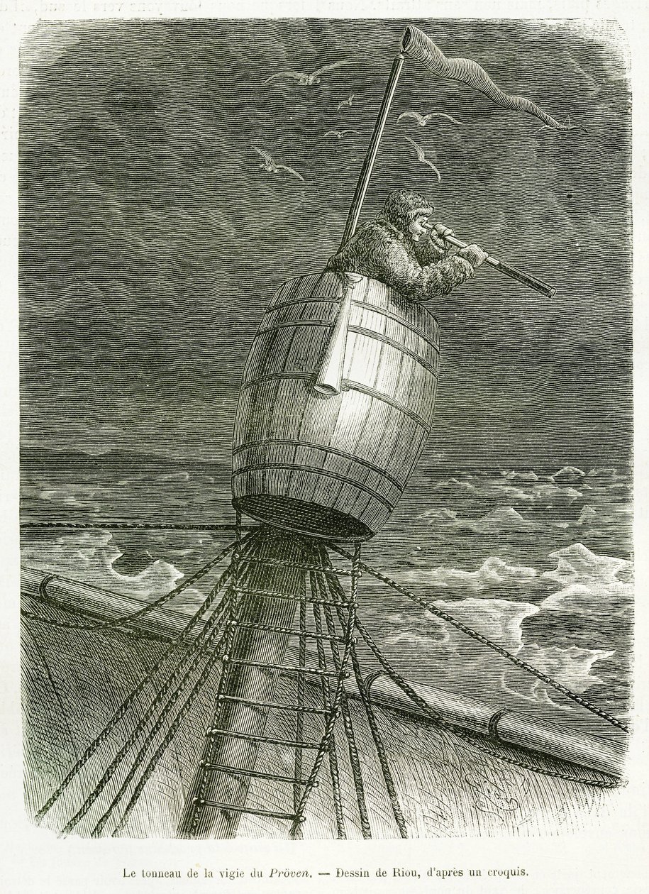 Het vat van de wacht van de boot Proven, tekening door Riou, ter illustratie van het verhaal van professor Nils Adolf Erik (Eric) Baron Nordenskjold (Nordenskiold) (1832-1901): Zweedse poolexpeditie, in 1875. Gravure in 