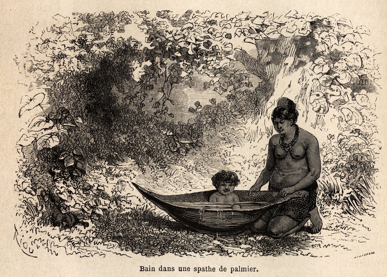 Het bad van het kind in een palmblad. Tekening door Riou, ter illustratie van de reis van de Stille Oceaan naar de Atlantische Oceaan door Edouard Riou
