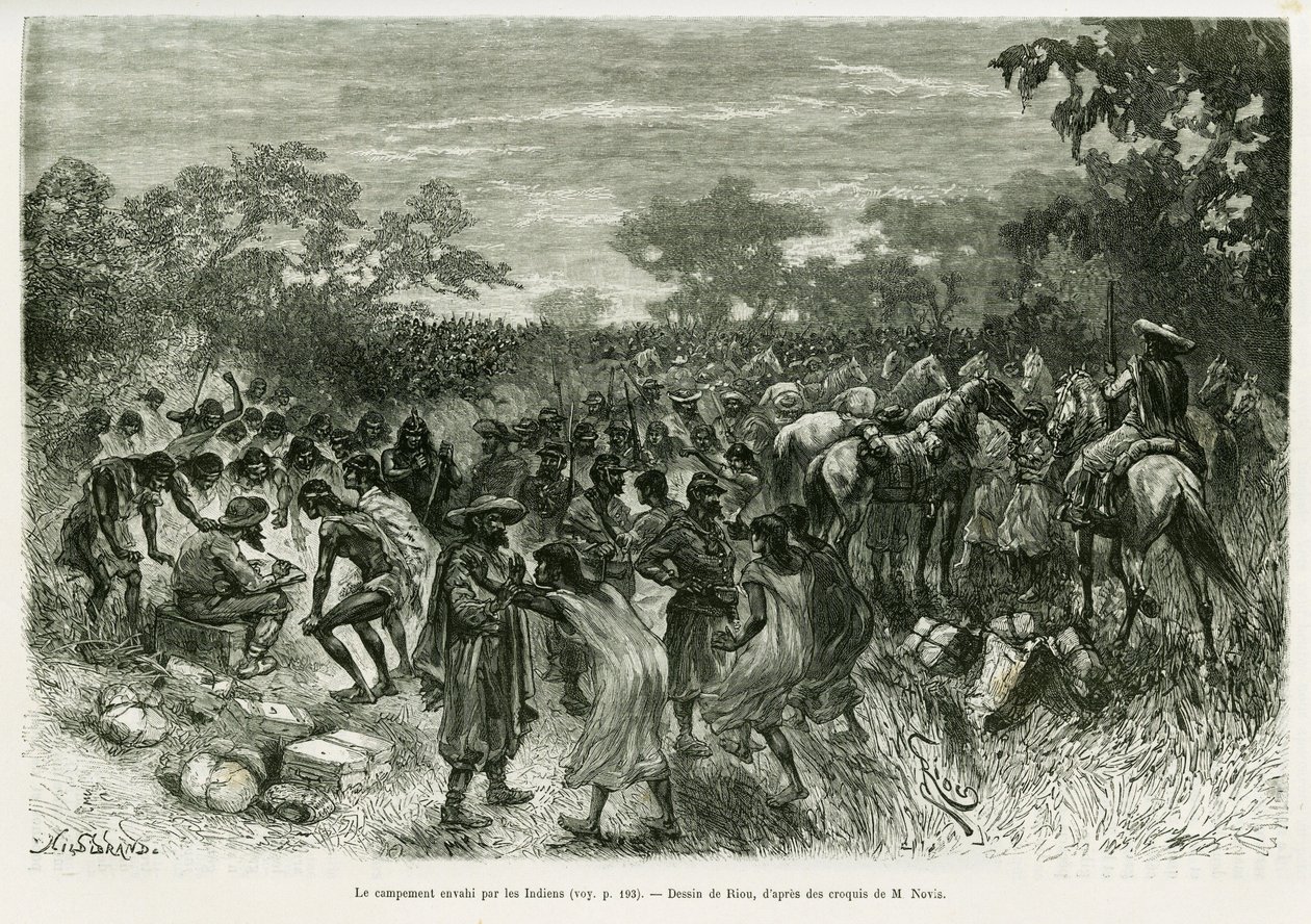 Het kamp overvallen door de indianen. Gravure door Riou, ter illustratie van het verhaal 