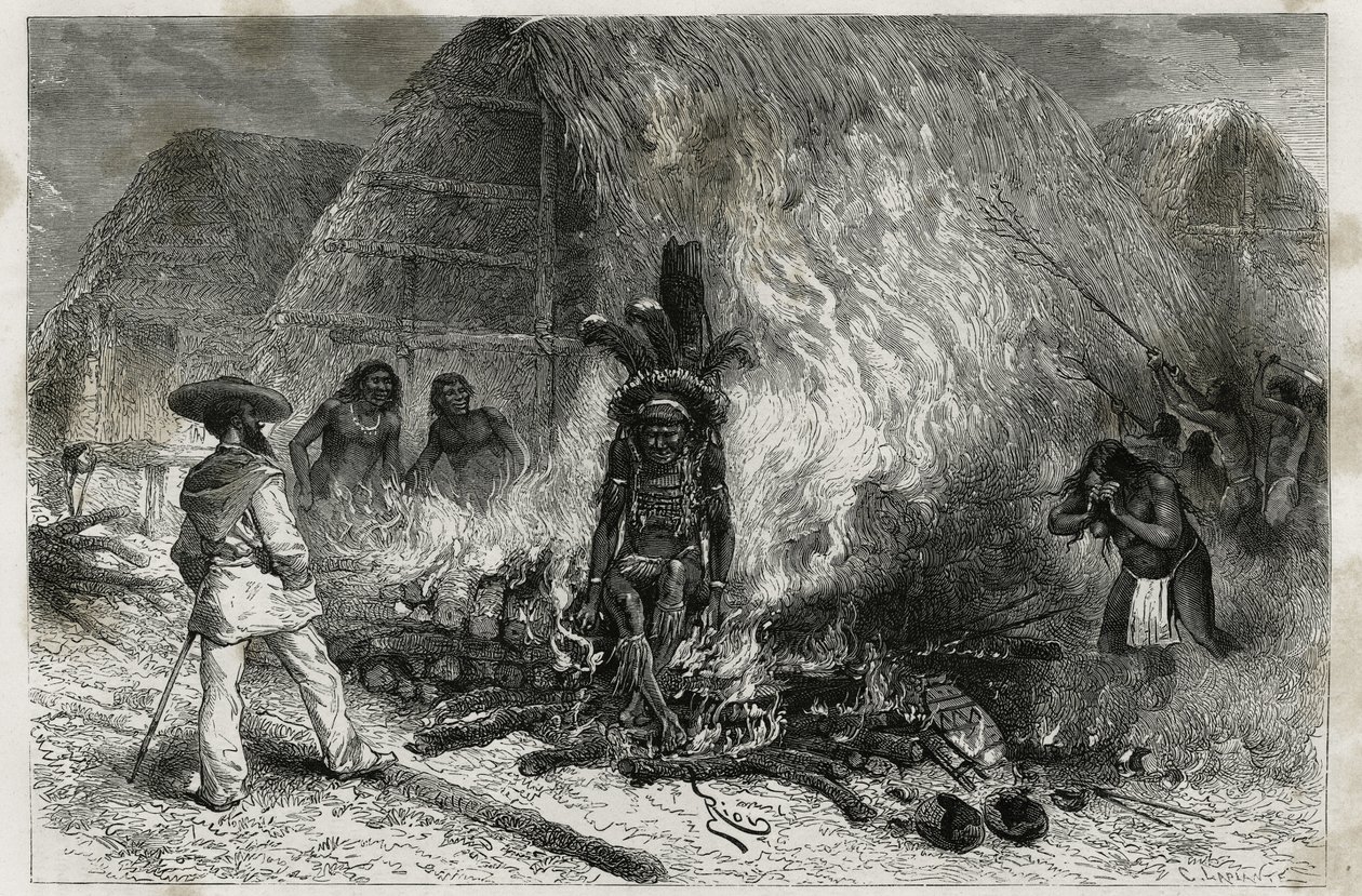 De crematie van een Roucouyenne (of wayana), stam die langs de Mana- en Maroni-rivieren leeft, tegenover de brandstapel, Dr. Crevaux, gravure door Riou, ter illustratie van de ontdekkingsreis in het binnenland van Guyana door Dr. Jules Crevaux, arts van de door Edouard Riou