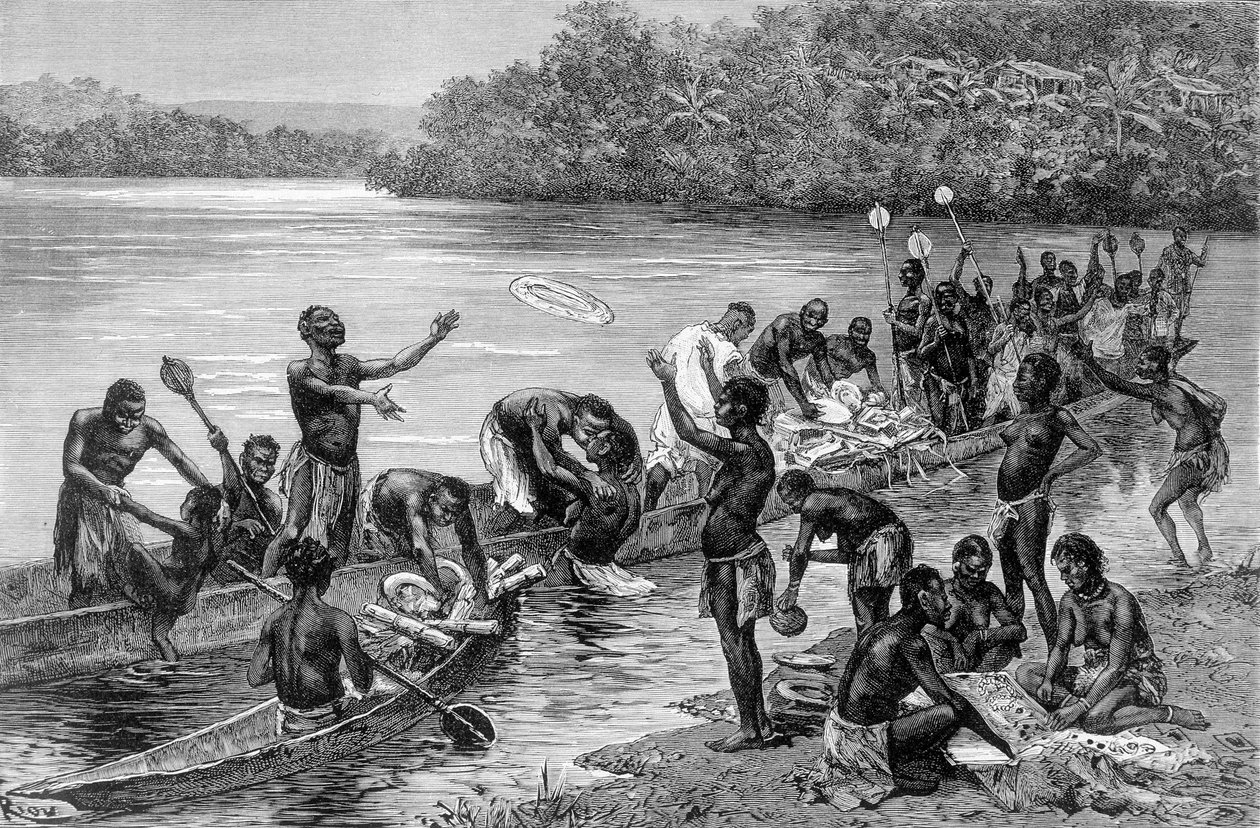 De verschillende activiteiten van de stam van het dorp Adouma in Afrika. In 