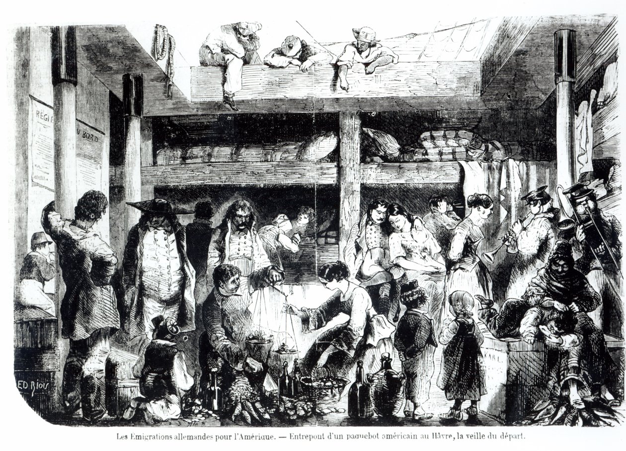De avond voor vertrek naar Amerika - Duitse emigranten vertrekken naar de VS in het tussendek van een Amerikaanse lijnboot in de haven van Le Havre, c.1850 door Edouard Riou