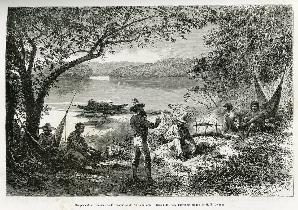 Het kamp van de ontdekkingsreizigers, bij de samenvloeiing van de Orenoque en de Cabullero rivier door Edouard Riou