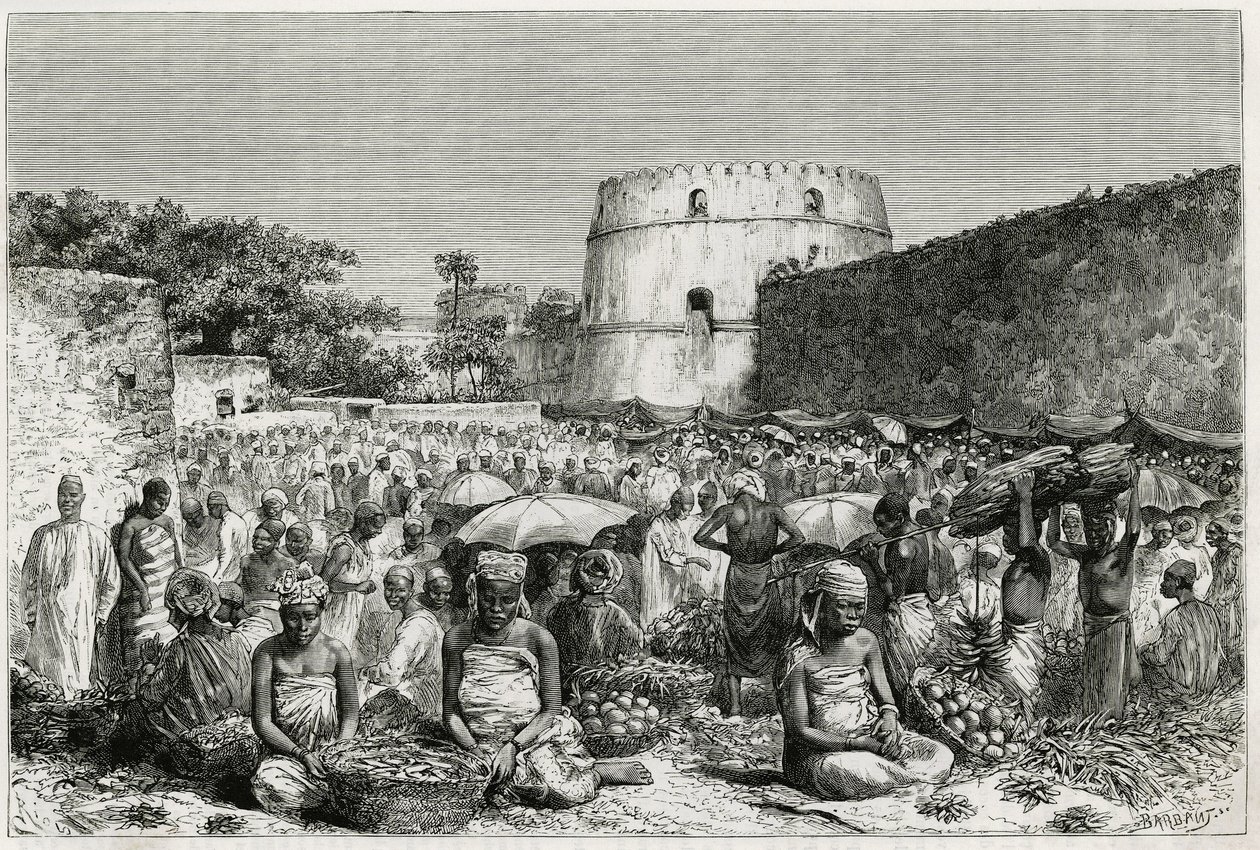 De fruitmarkt van Zanzibar (Tanzania). Gravure door Riou, ter illustratie van het verhaal 