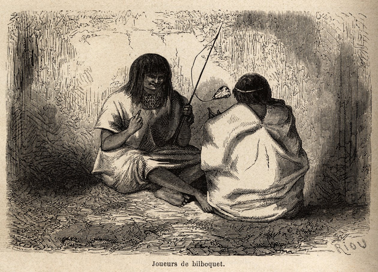 Het spel van de bilboquet, met een schildpadkop, onder de Conibos-indianen van Peru, tekening door Riou om de reis van 1848 tot 1860 van P. Marcoy te illustreren. Gravure in 
