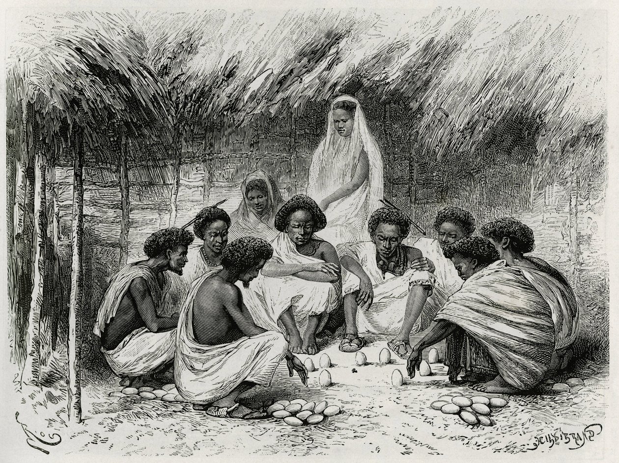 Het spel van de beker, of het spel van de vlieg, voor elke speler zijn inzet, hier een ei in het zand, dan wachten allen in stilte tot een vlieg op een ei landt en de winnaar trekt die alle inzetten wint, in Somalië (of Somaliërs). Gravure door Riou, ter i door Edouard Riou