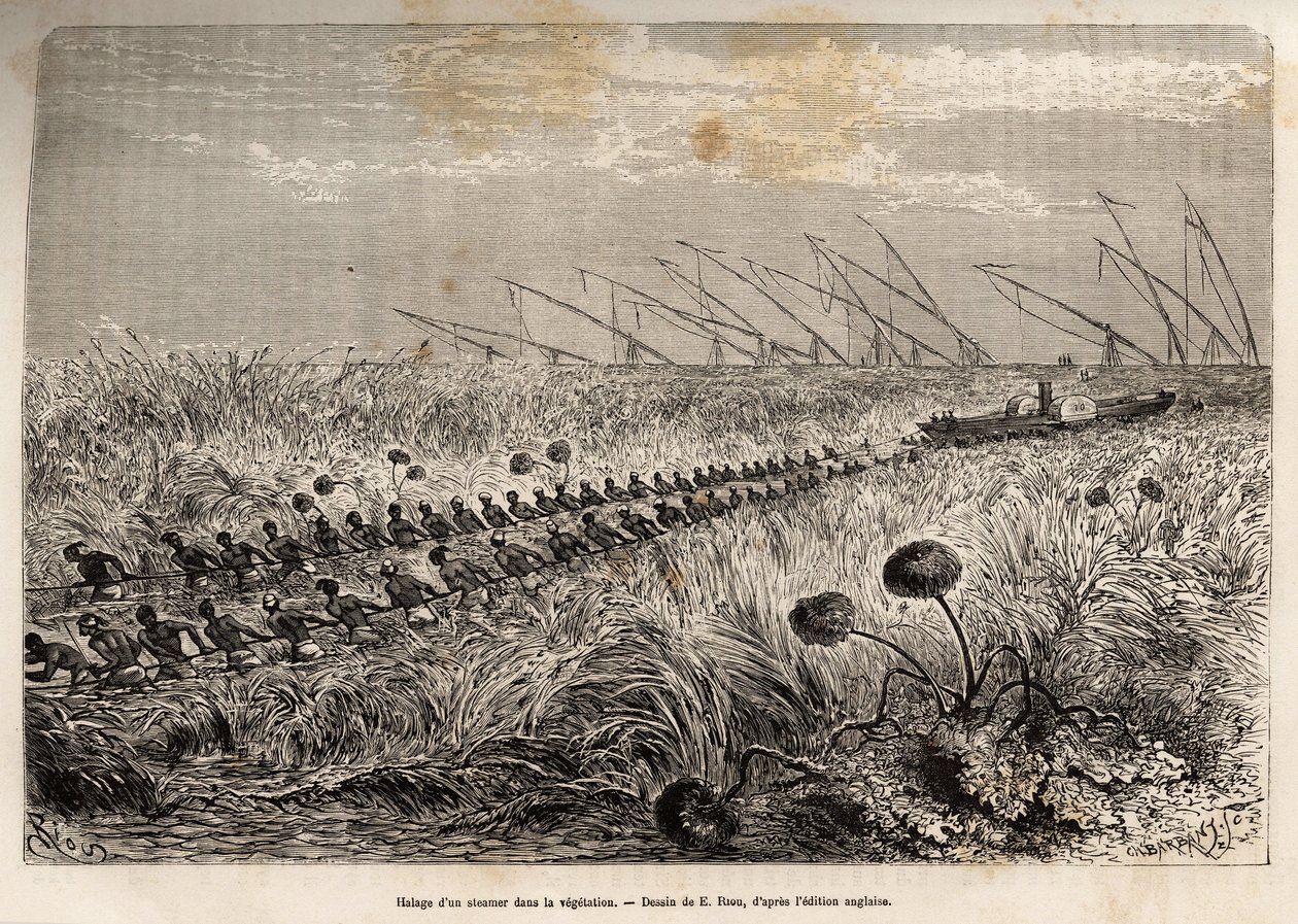 Het slepen van een stoomboot door de vegetatieriffen die het holle kanaal binnendringen om een moeras te verlaten, geëtst naar een tekening van E.Riou, ter illustratie van een gewapende expeditie in Centraal-Afrika, voor de onderdrukking van de zwarte hand door Edouard Riou