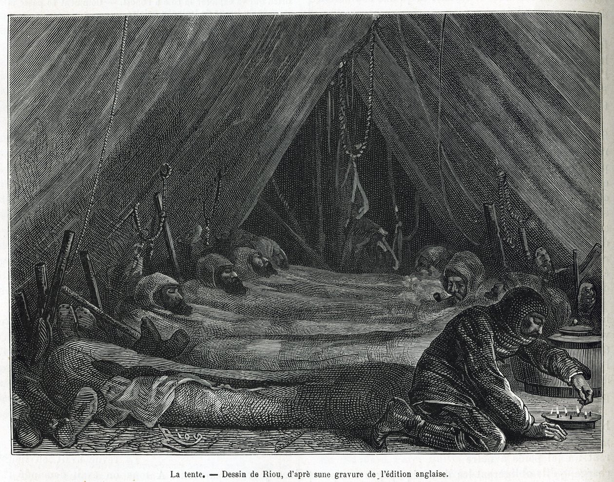Het interieur van de tent op de ijsschots, tekening door Riou, ter illustratie van het verhaal van een reis naar de poolzee in 1875-1876, door kapitein G.S. Nares (1831-1915). Gravure in 