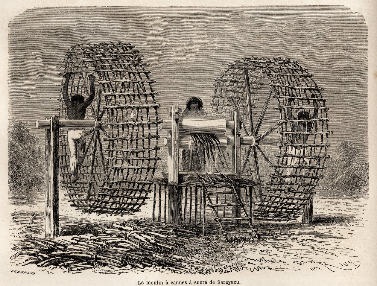 De molen om suikerriet te malen van Sarayacu (Peru), tekening door Riou, ter illustratie van Paul Marcoy