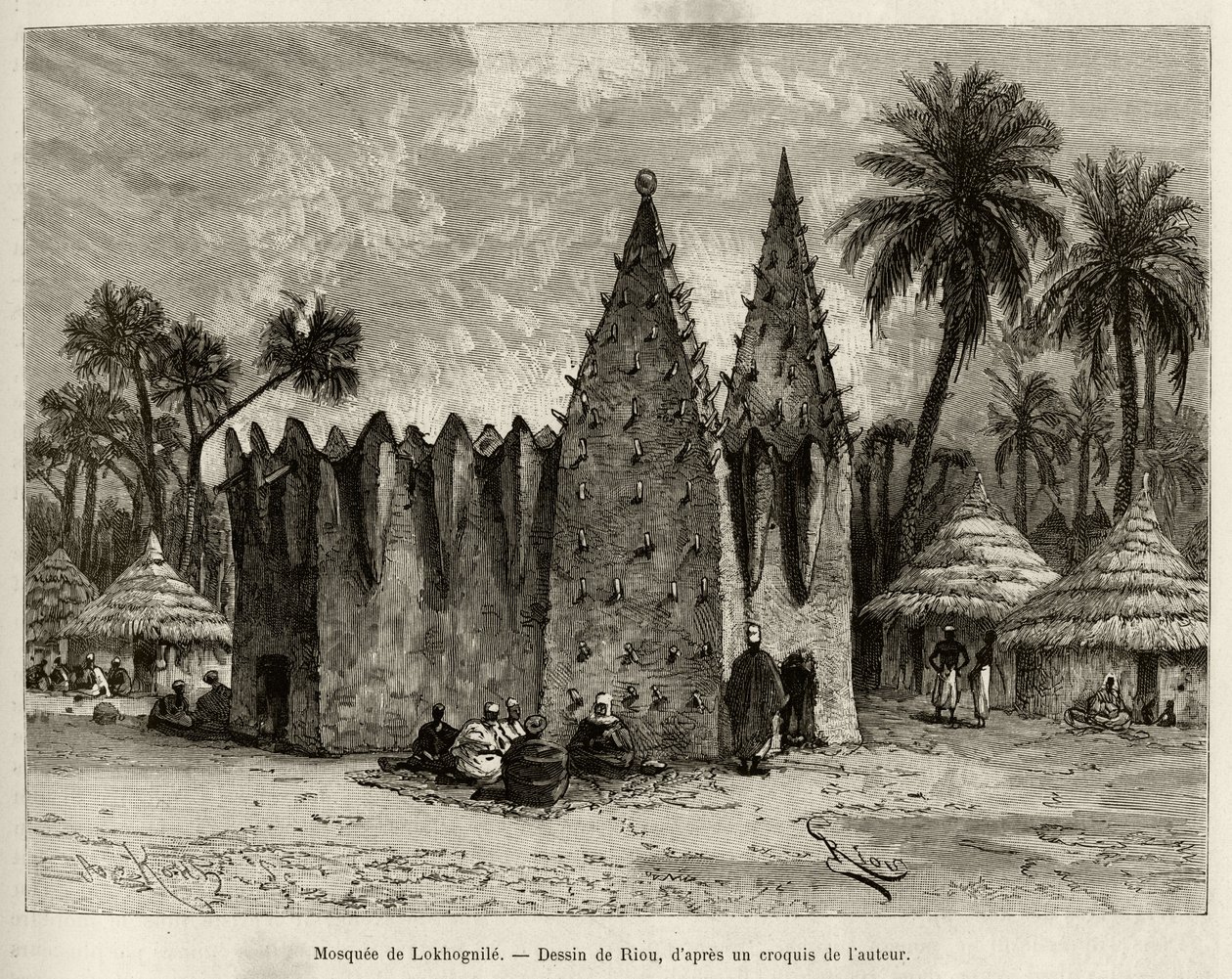 De moskee van Lokhognile (Golf van Guinee). Gravure door Riou, ter illustratie van het verhaal 