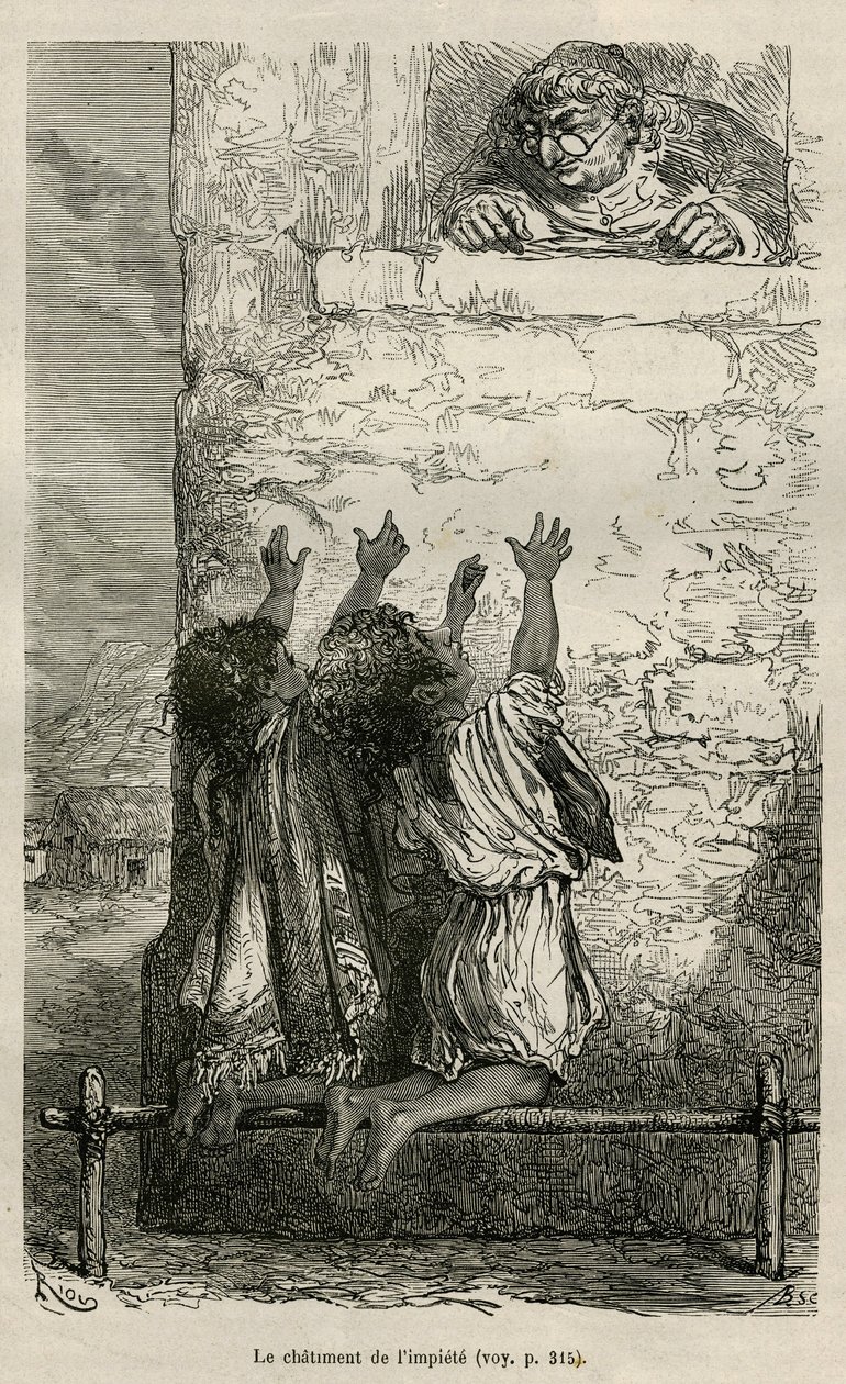 De bestraffing van de goddeloosheid, twee kinderen knielen op een paal geplaatst op pinnen en worden in hun kwelling gadegeslagen door de parochie van het dorp, tekening door E. Riou, ter illustratie van de reis in de regio van Titicaca en de valleien van  door Edouard Riou