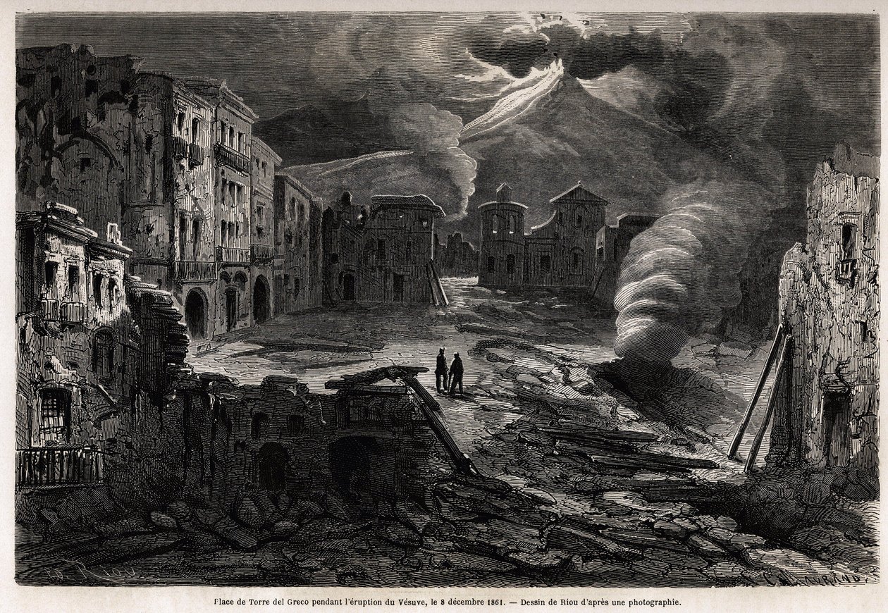 Het plein van Torre del Greco, tijdens de uitbarsting van de Vesuvius, 8 december 1861, tekening door Riou, ter illustratie van de wandelingen rond Napels door Marc Monnier, in 1862. Gravure in 
