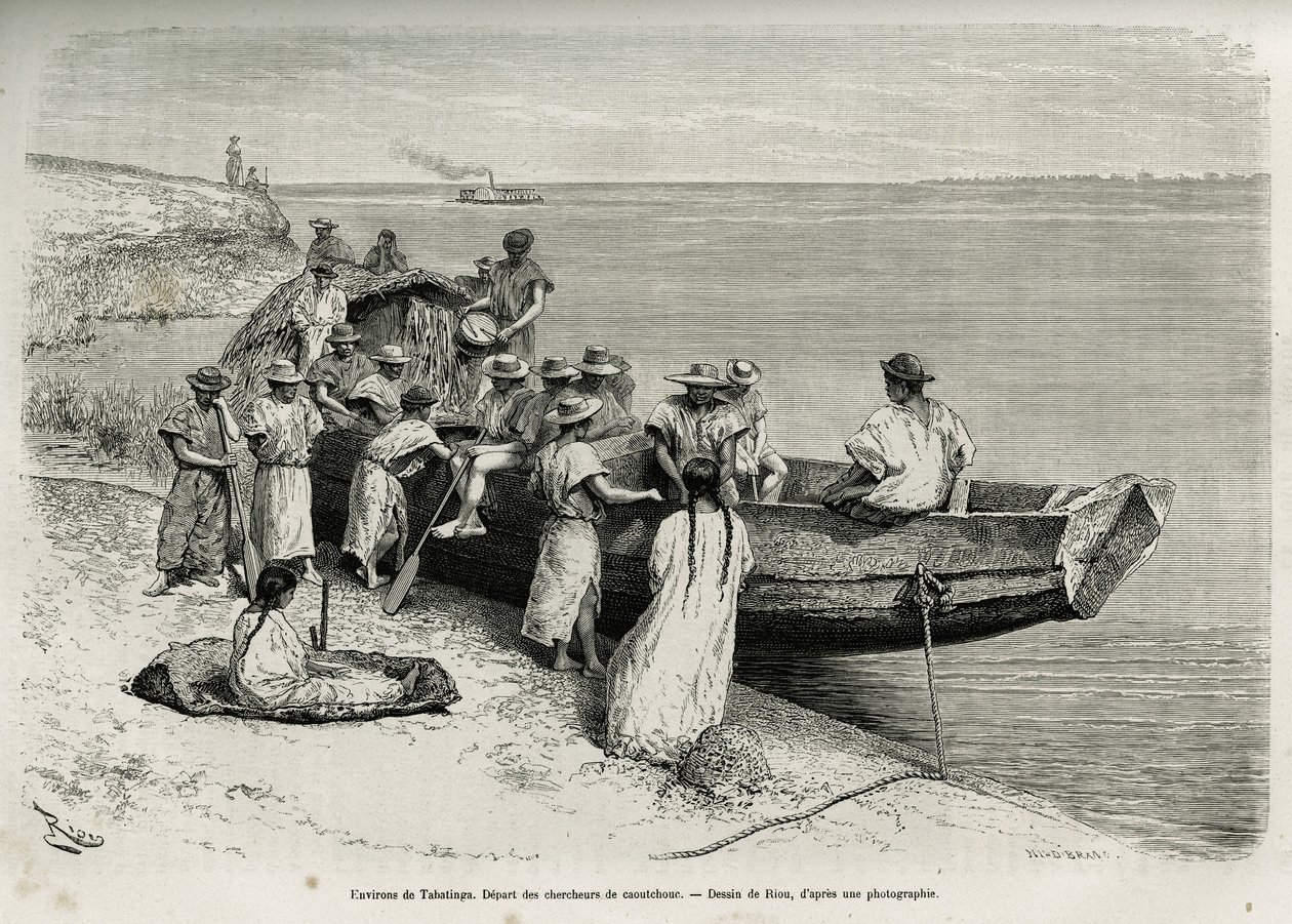 Het vertrek van rubberzoekers, in de buurt van Tabatinga (bovenste Amazonegebied). Gravure door Riou, illustratie van het verhaal van Cayenne aux Andes, door Jules Crevaux, arts van de Franse marine, in 1878-1879, gepubliceerd in Le tour du monde door Edouard Riou