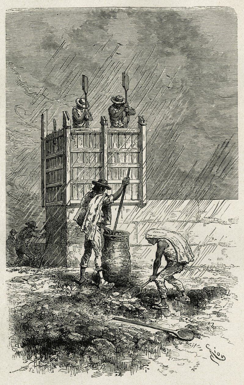 De tapial, een oude techniek van het bouwen van kleimuren met behulp van een houten bekisting, compact door stampen en drogen door de zon, gravure door Riou, ter illustratie van het verhaal L