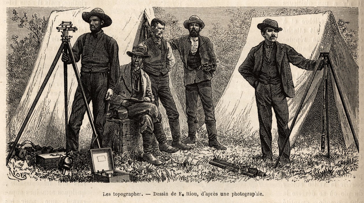 Het team van topografen met hun materiaal, van de Amerikaanse geologische missie, gravure naar de tekening van F.Riou, ter illustratie van een reeks geografische missies door het United States National Park, van 1870 tot 1872, door de heren Hayden, Doane e door Edouard Riou