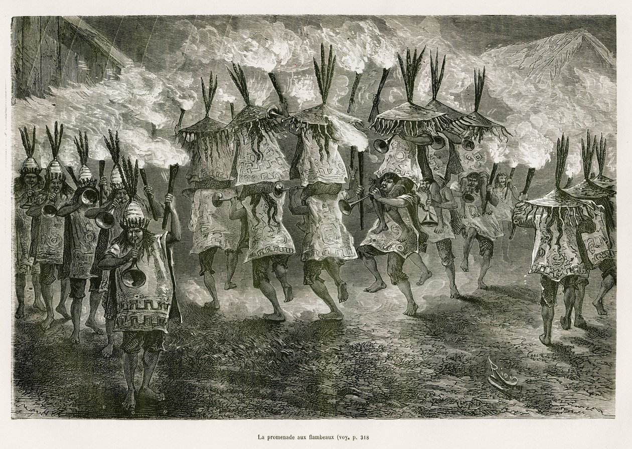 De fakkeltocht door de straten van San Jose, tekening door E. Riou, ter illustratie van de reis in de Titicaca-regio en de valleien van het oosten van Laag-Peru, in 1873 door Paul Marcoy. Gravure in 