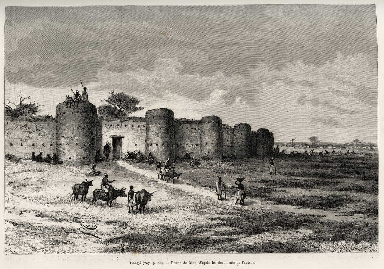 De stad Tiong-Gi (Tiong Gi, Mali), met zijn vestingwerken en kleitorens. Gravure door Riou, ter illustratie van het verhaal 
