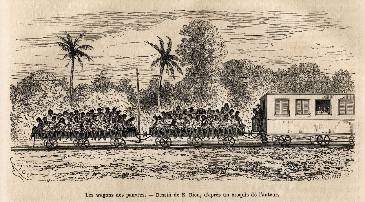 De wagen van de armen van de Paraguayaanse treinen, eenvoudige platforms bevestigd aan de staart van de treinen waarop passagiers zich opstapelen na vertrek van het Assumption station, gravure naar de tekening van E. Riou, ter illustratie van de reis naar  door Edouard Riou