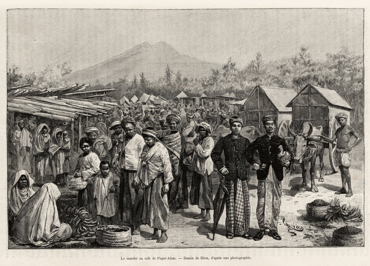 De wandeling bij Pager Alam Cafe (Maleisië). Gravure door Riou ter illustratie van het verhaal 
