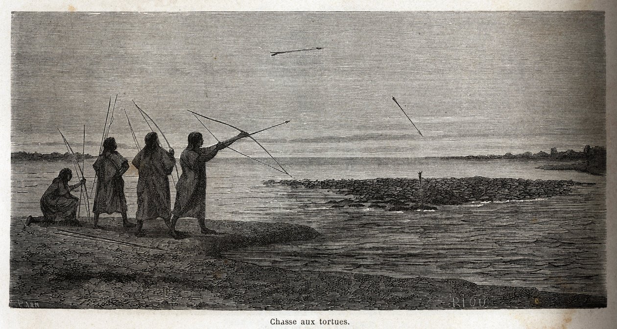 Schildpaddenjacht onder de Conibo-indianen van Peru. Illustratie van de reis van 1848 tot 1860 van P. Marcoy van de Stille Oceaan naar de Atlantische Oceaan. Gravure in 
