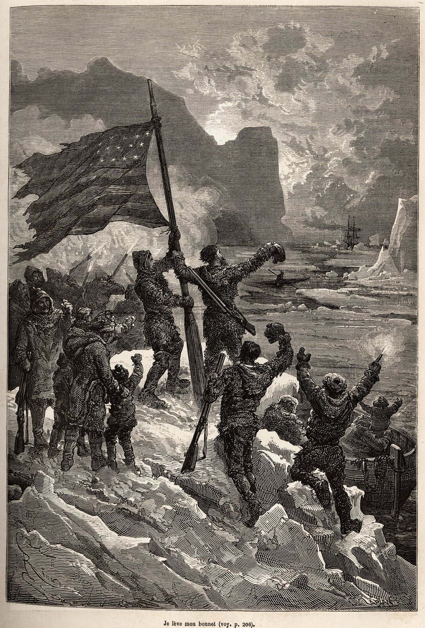 De bemanning van Tyson, na enkele dagen drijven op een ijsberg, zag eindelijk een walvisvaarder en zwaaide met de Amerikaanse vlag om gezien en gered te worden, gegraveerd naar een tekening van E. Riou, ter illustratie van het verhaal van de Polaris, ijsvl door Edouard Riou